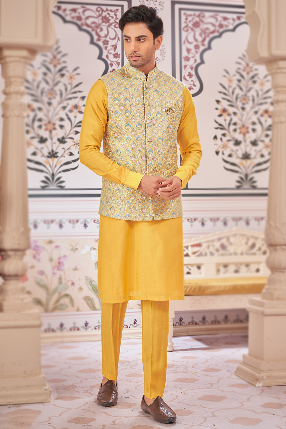 Plain Mustard Yellow Jacket Style Silk Men s Kurta with Trouser Pants