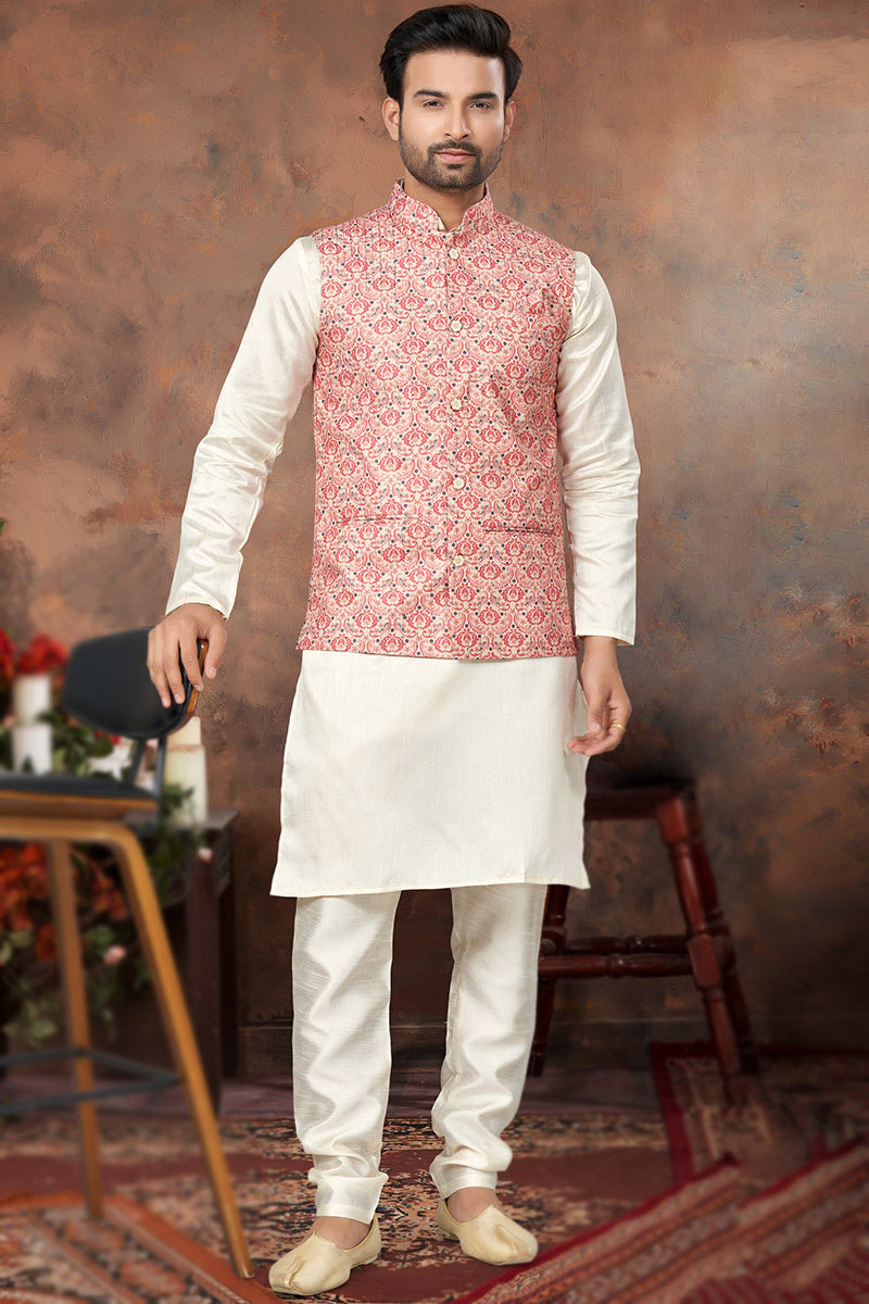 Plain Off White Silk Men's Waistcoat Kurta With Churidar MKPA06542