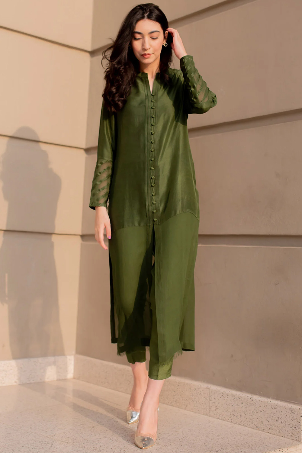 strapless open back dress Olive Green Readymade Polyester Indian Dress L main image 0