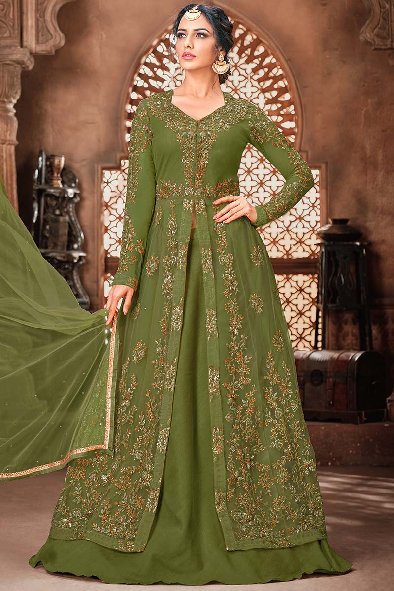 olive green bridal dresses pakistani Olive Green Net Pakistani Suit for Wedding main image 1
