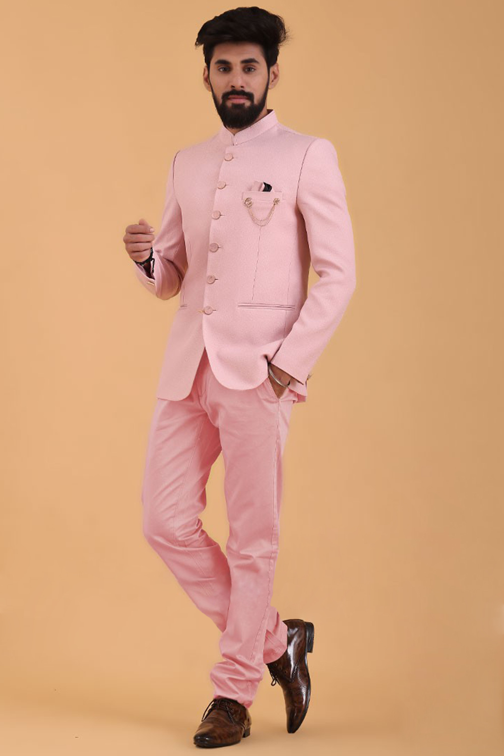 Plain Pastel Pink Silk Men's Jodhpuri Coat Pant MSTV04057