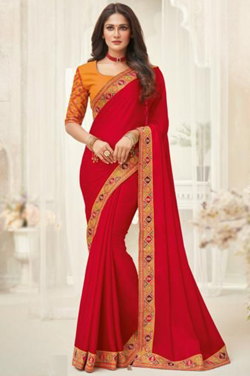 Fashion Today Plain Silk Cherry Red Saree With Embroidered Blouse