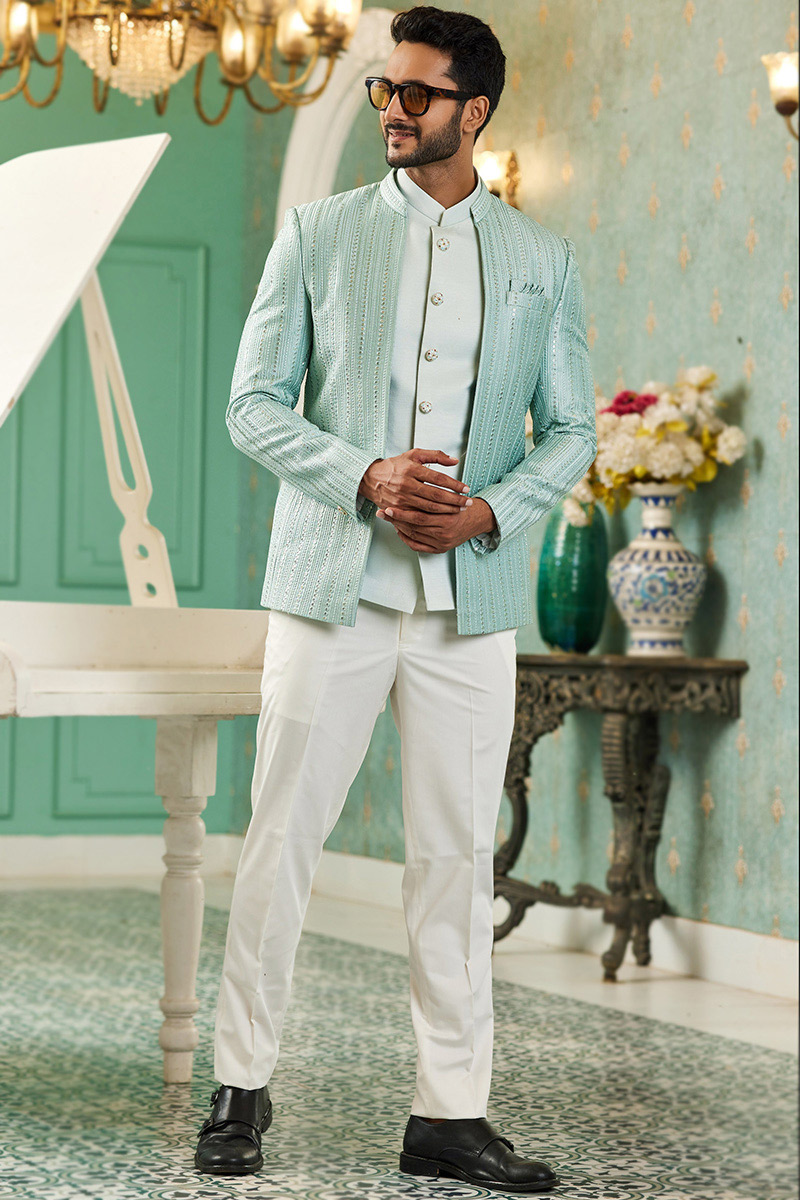 Plain Silk Mint Blue Jacket Style Men's Coat Pant MSTV03550