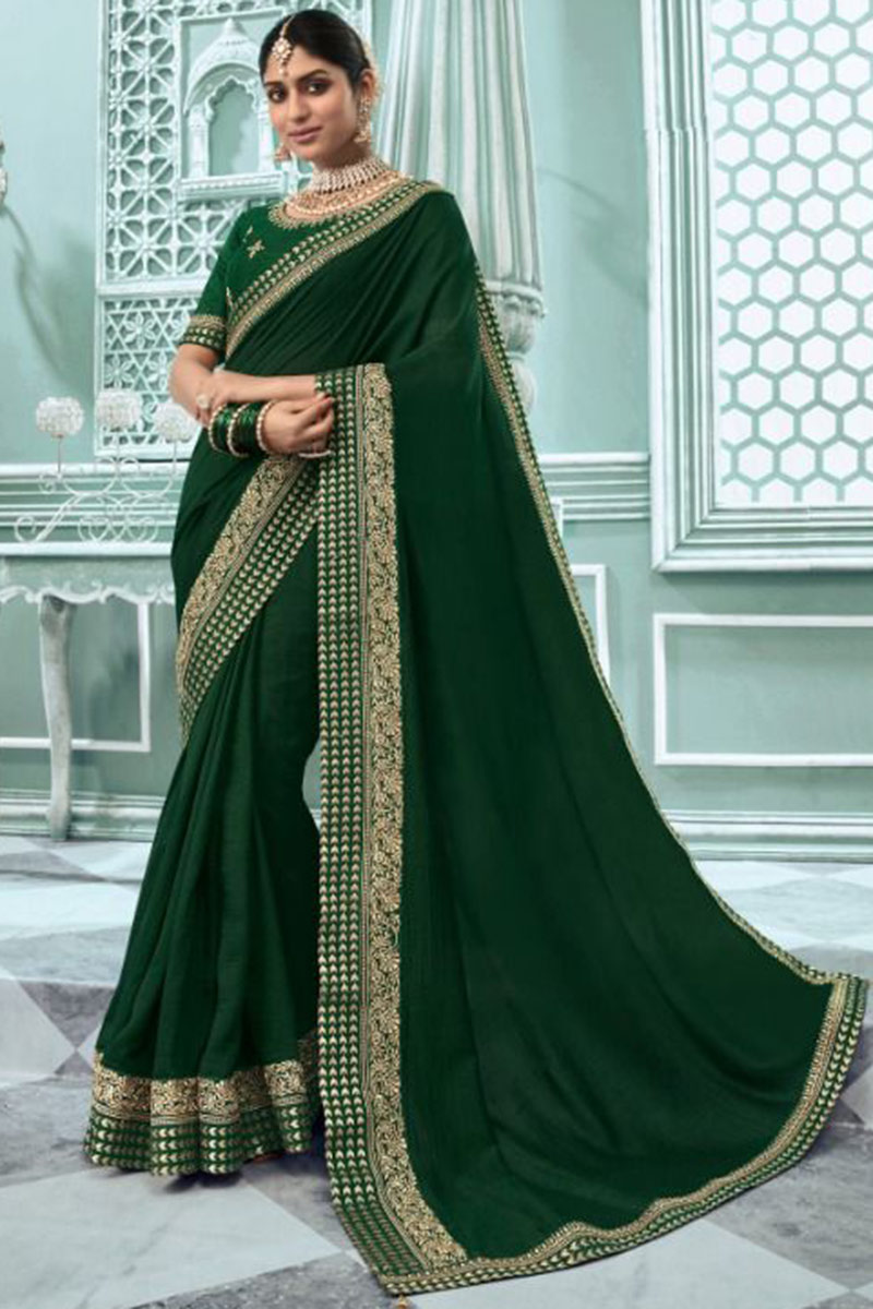 Plain Soft Silk Dark Green Saree With Lace Work|SARV130042