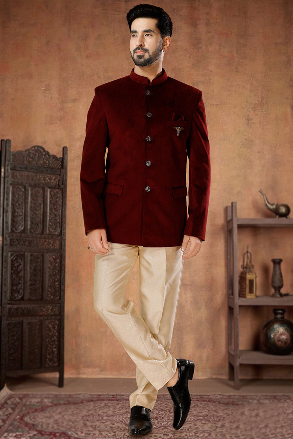 Plain Velvet Dark Maroon Jodhpuri Style Men's Coat Pant MSTV04094