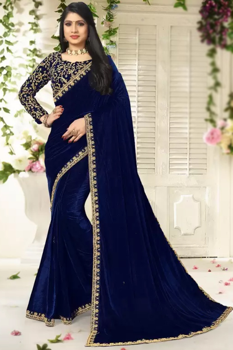 Plain navy blue saree with golden border best sale