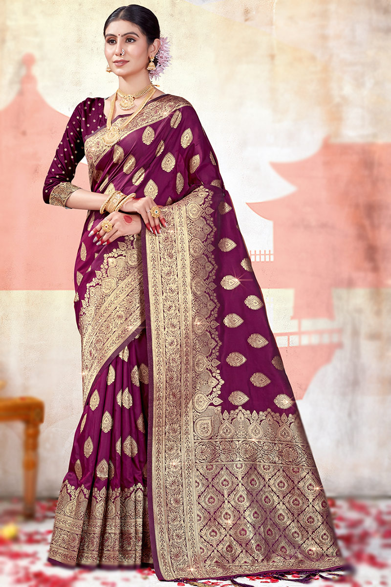 Plum Purple And Mustard Banarasi Silk Saree orders For Woman Banarasi Saree Silk Saree Embroidered Ready to Wear