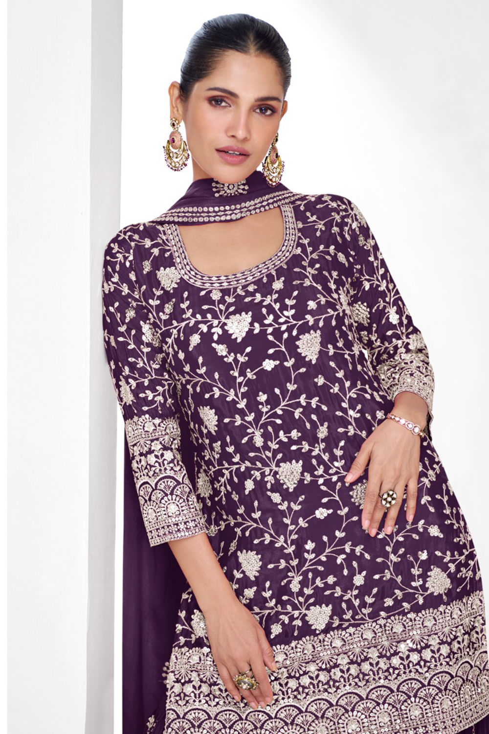 Traditional Blue Embroidered Chinnon Festive Gharara Suit