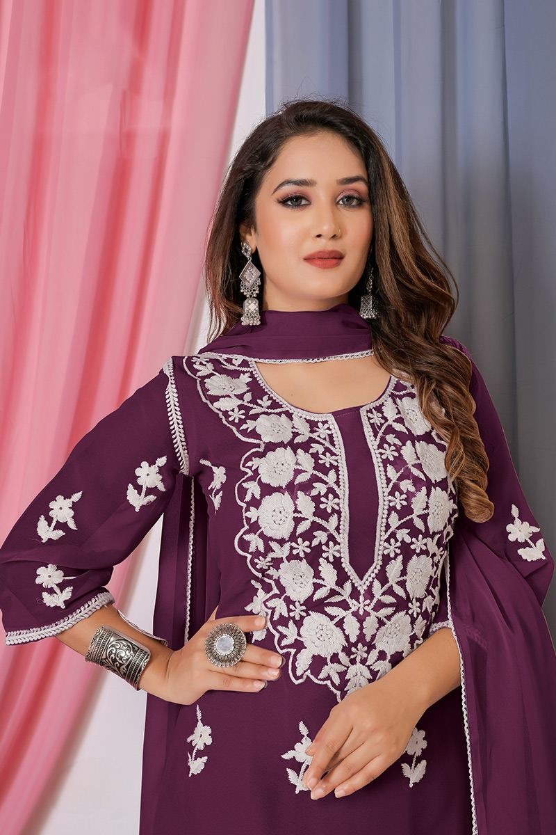 Plum Purple Georgette Embroidered Straight Cut Sharara Suit LSTV128126