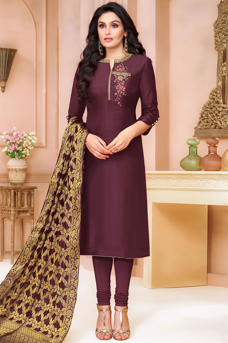 Buy Plum Purple Silk Churidar Suit With Dabka Work Online