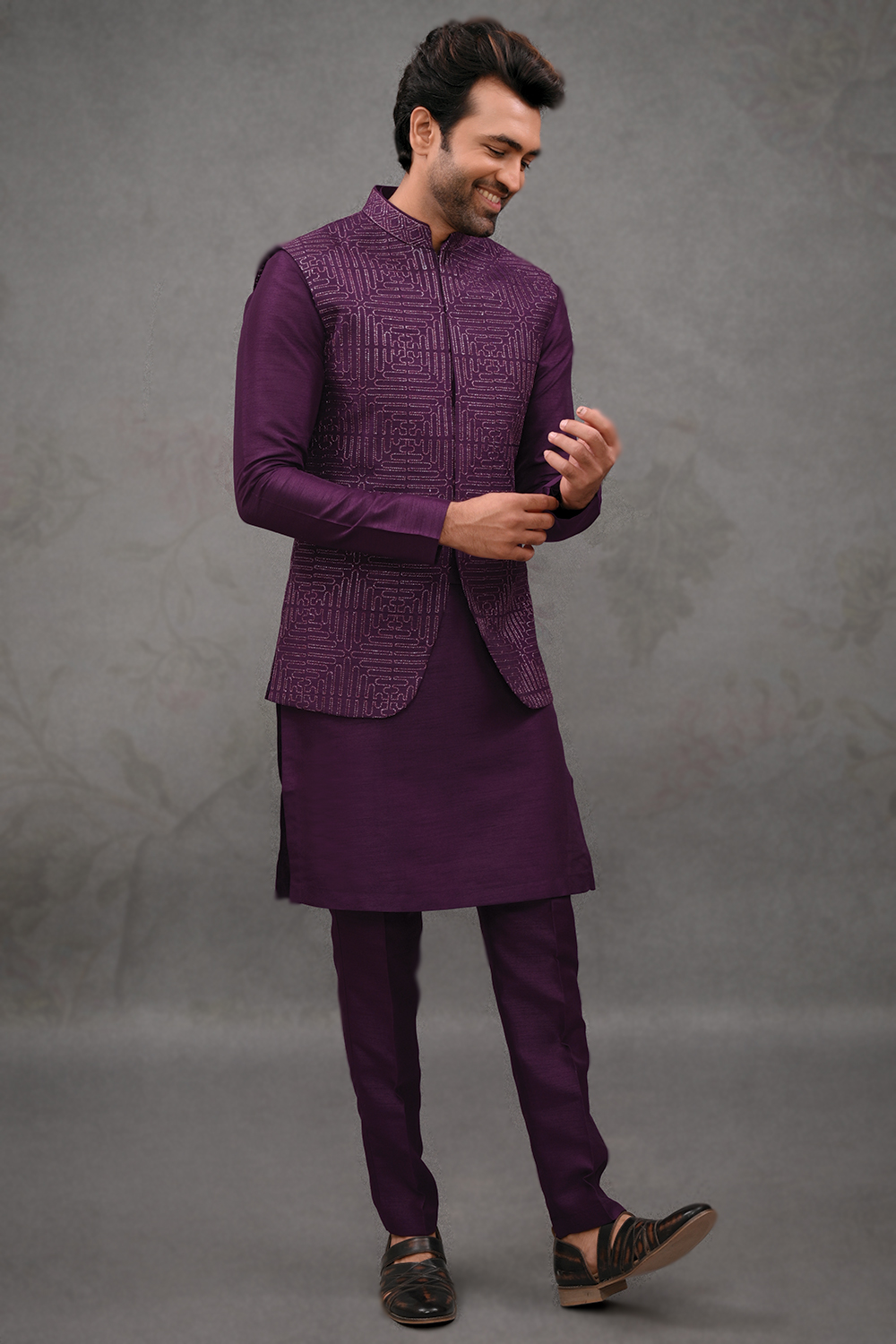 Plum Purple Silk Jacket Style Men s Plain Kurta Pajama