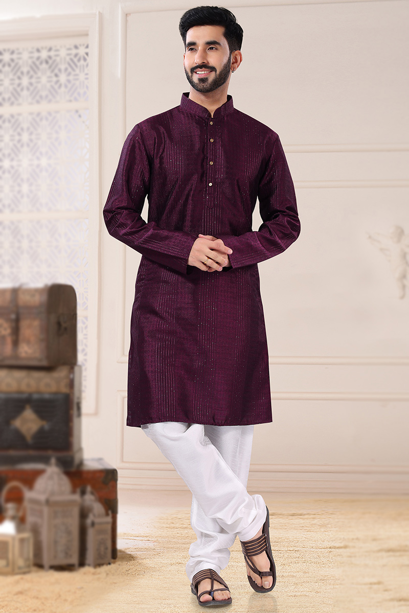 Plum Purple Silk Men's Embroidered Dhoti Kurta