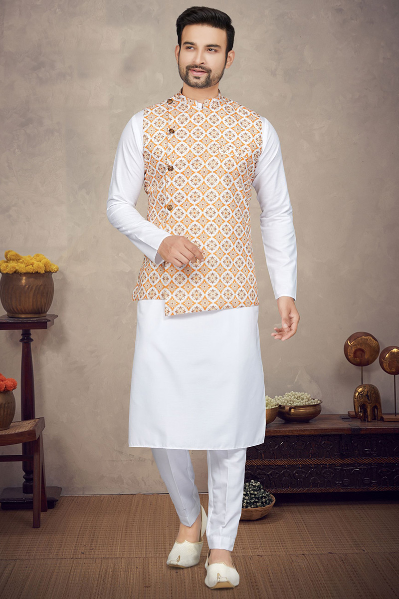Poly Cotton White Printed Jacket Style Men's Kurta Pajama MKPA05450