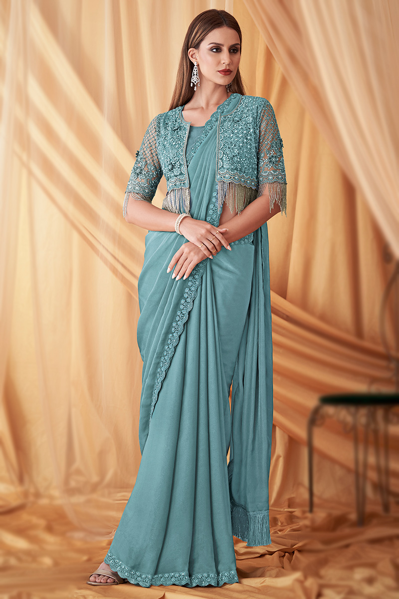 Powder Blue Lace Embroidered Georgette Jacket Style Fancy Saree SARV180028