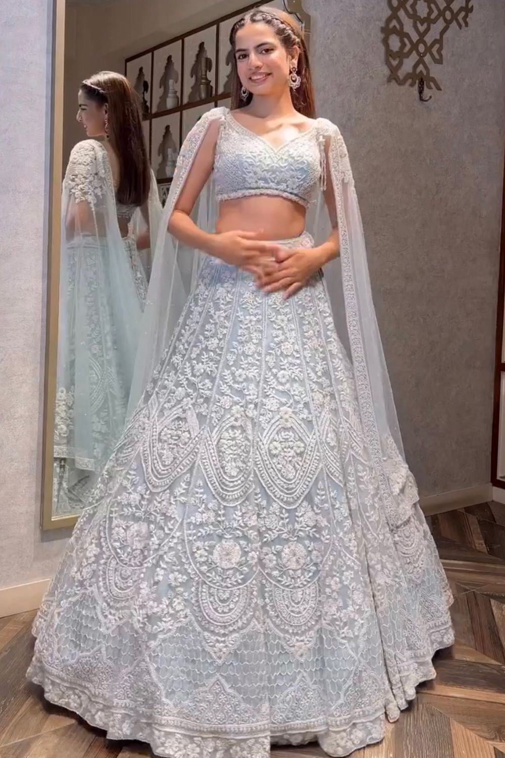 Powder Blue Net A Line Lehenga With Sequins Work For Wedding - LLCV123864