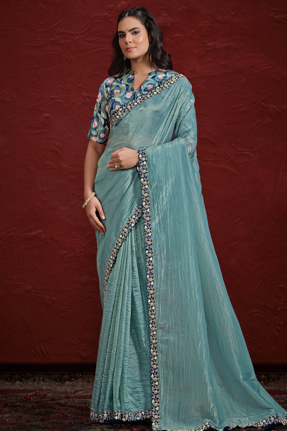 Light Blue Organza silk Saree Ready to Wear With Stitched offers Blouse Indian Wedding Readymade Saree