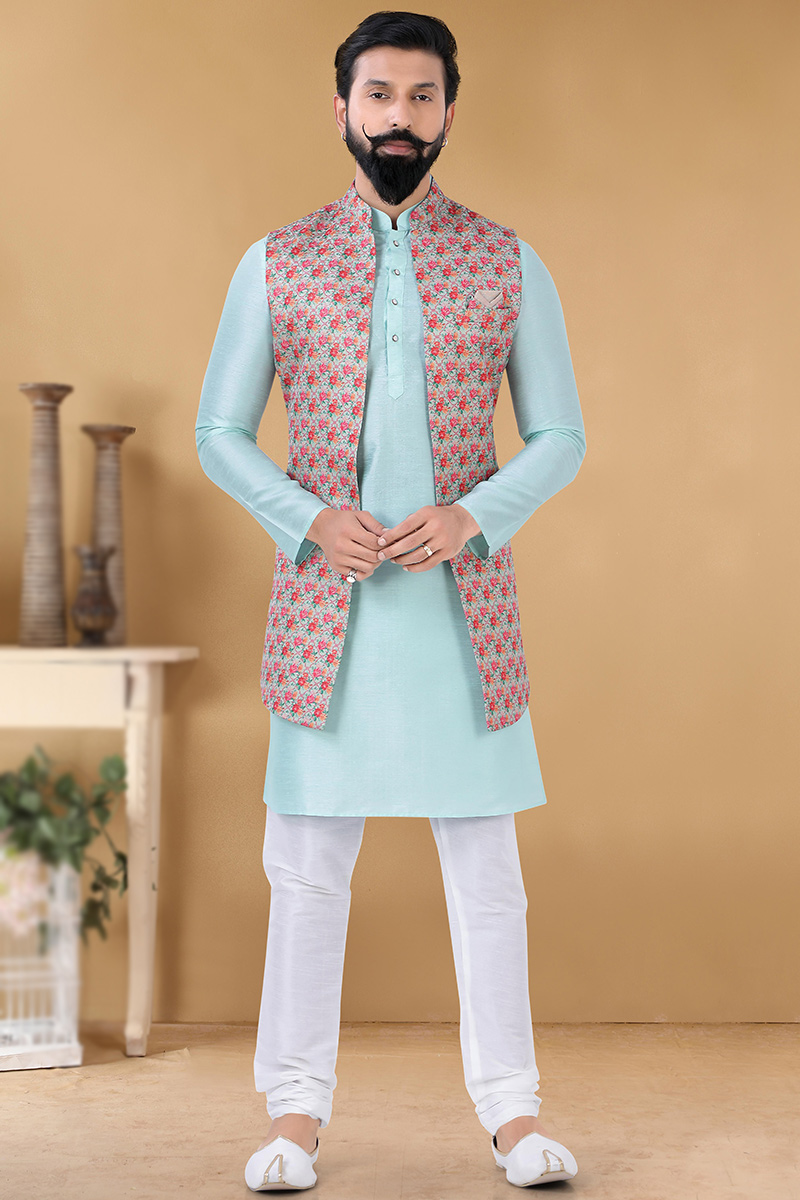 Buy Online Powder Blue Silk Jacket Style Men s Kurta With Churidar MKPA02126