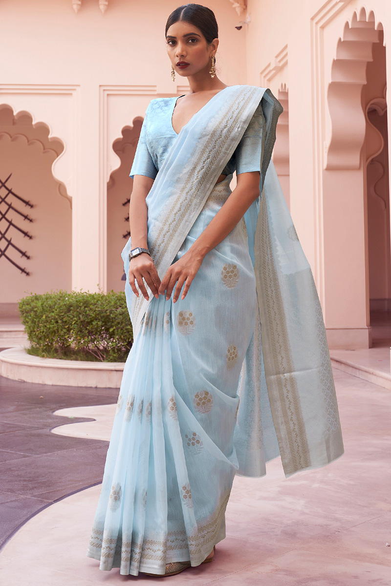 Parijaat Blue Silk Linen Saree with Embroidery