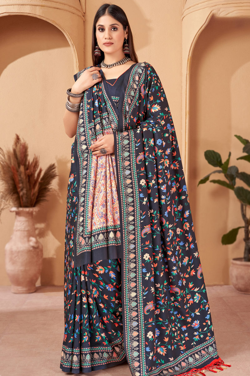 Printed Charcoal Grey Pashmina Light Weight Saree SARV168864