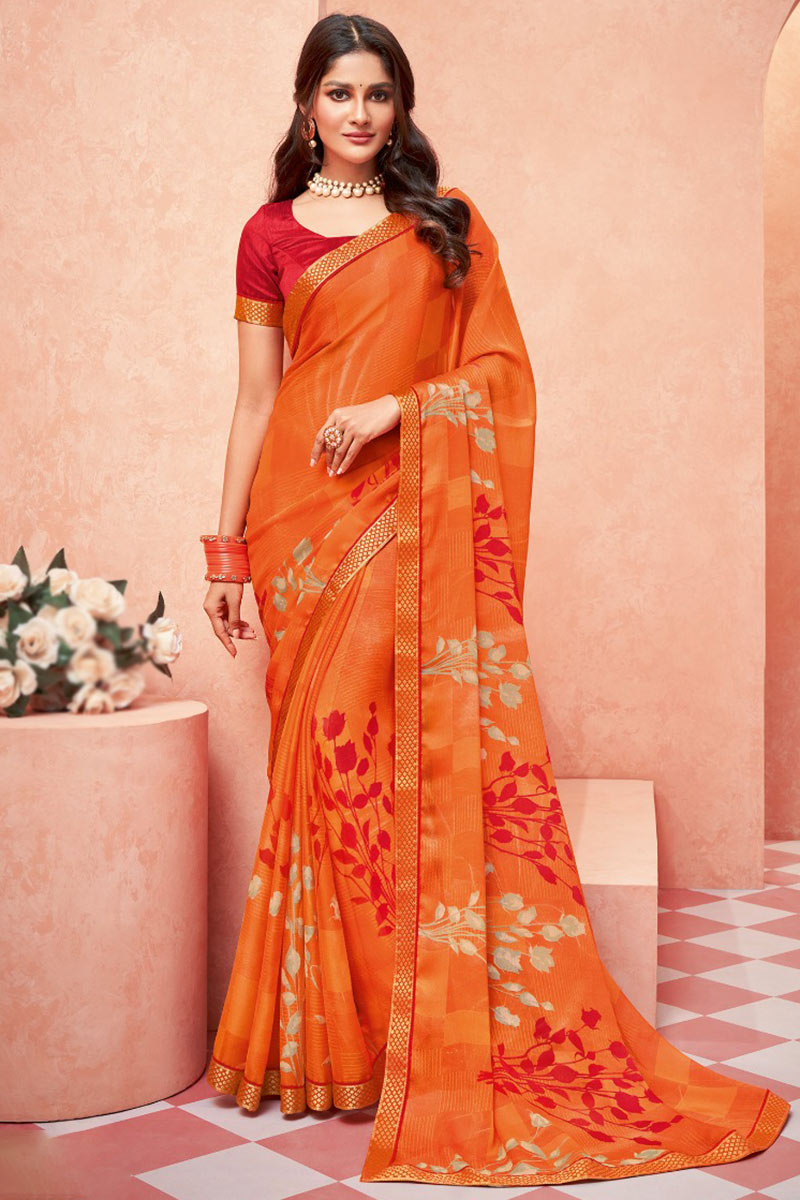 Woven design chiffon sari - 25970544, Red, one size