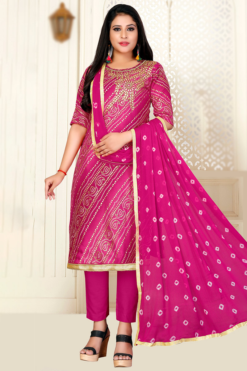 Printed Cotton Magenta Pink Trousers Suit