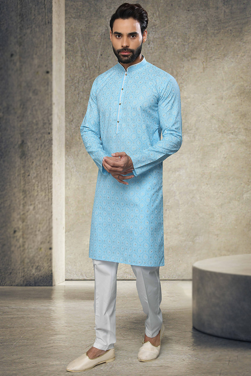 Ethnic Wear PrintedSky Blue Men Kurta Pajama MKPA02464