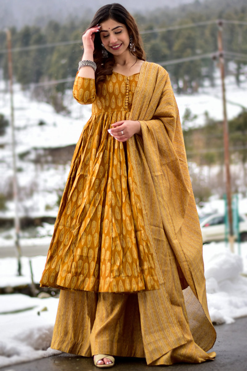 Printed Cotton Turmeric Yellow A Line Trouser Suit LSTV125797