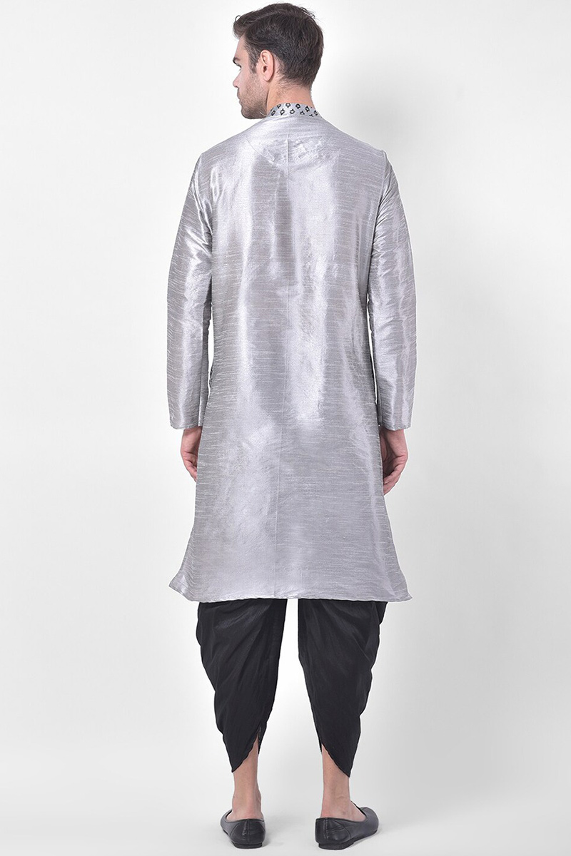 Printed Dupion Silk Steel Grey Men Dhoti Kurta