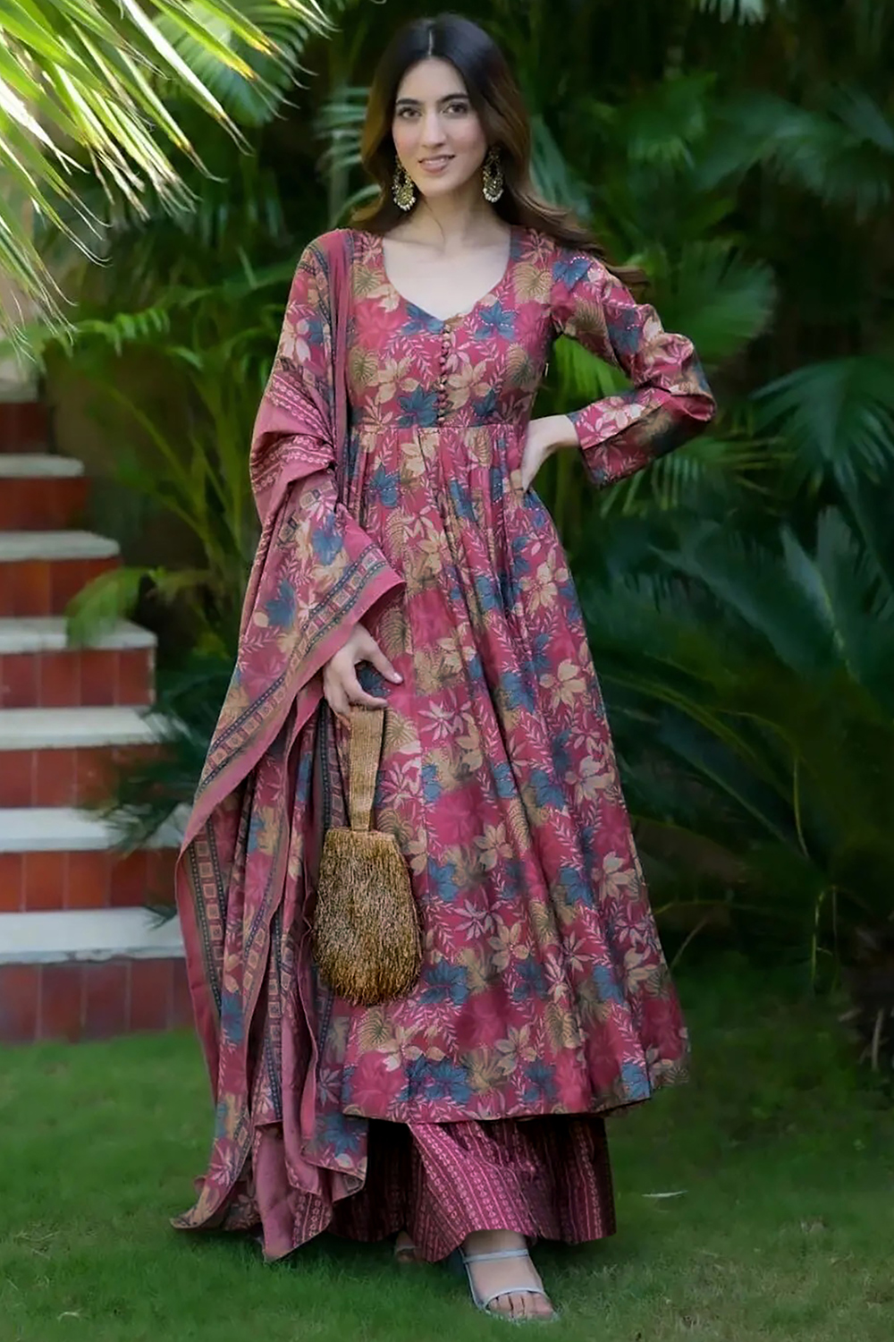 Andaaz Fashion Women's Printed Dusty Pink Cotton Casual Wear Ready Made Palazzo Suit