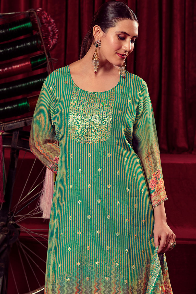 Printed Emerald Green Organza Casual Wear Straight Cut Suit LSTV126988 Printed Emerald Green Organza Casual Wear Straight Cut Suit LSTV126988