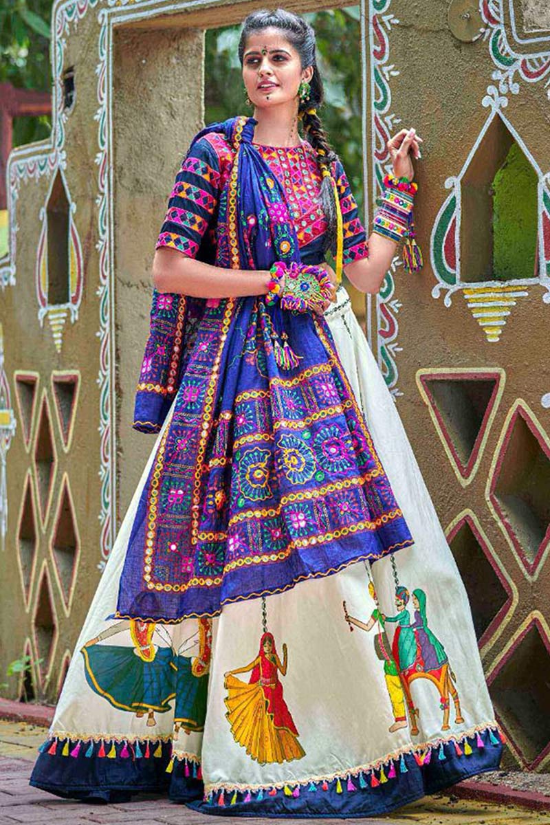 Printed Festive Wear Cotton White Lehenga