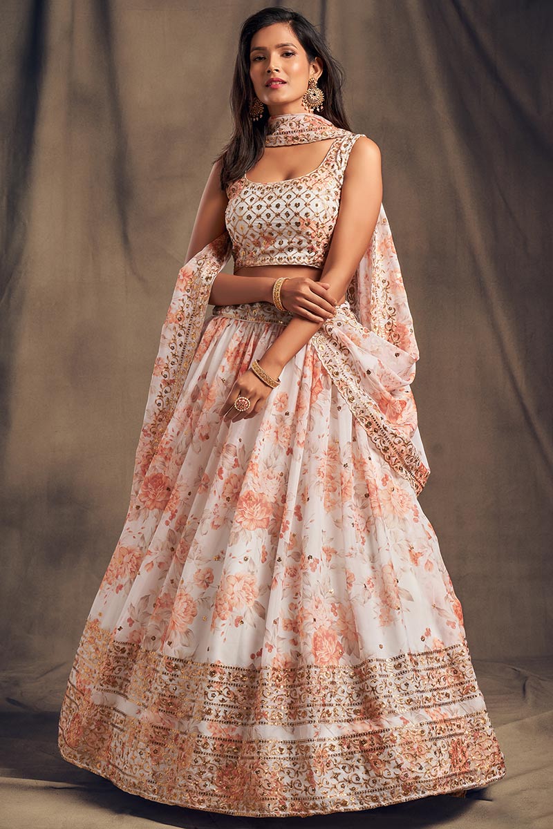 Printed Georgette White Bridesmaid Lehenga