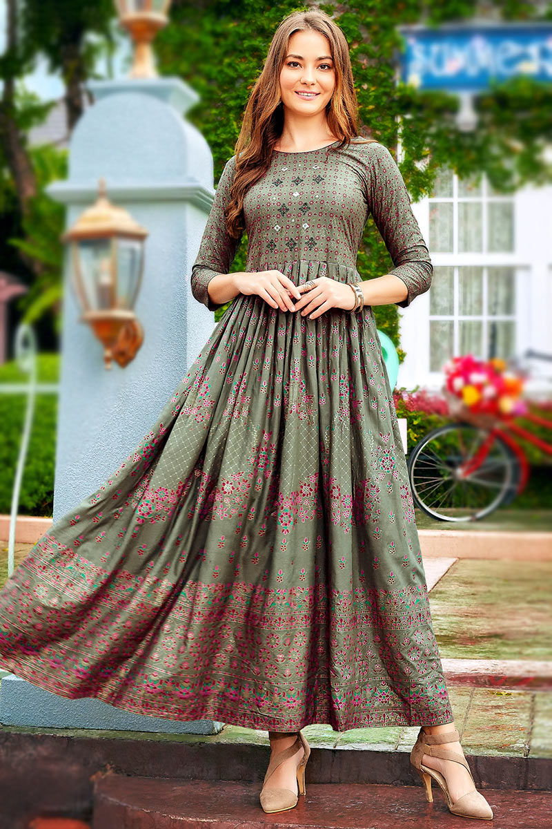Printed Greenish Grey Rayon Frock Style Kurti