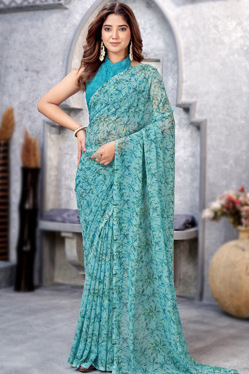 Printed Light Blue Chiffon Casual Wear Saree