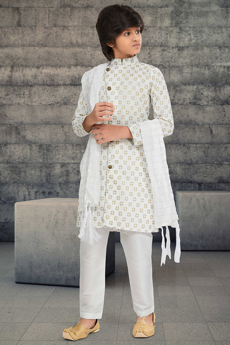 Wedding Kids Sherwani Dress Printed Off White Cotton Kid's
