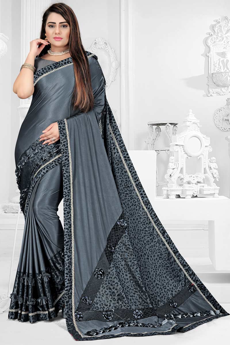 Fully Lined Printed Party Wear Poly Silk Steel Grey Saree|SARV114441