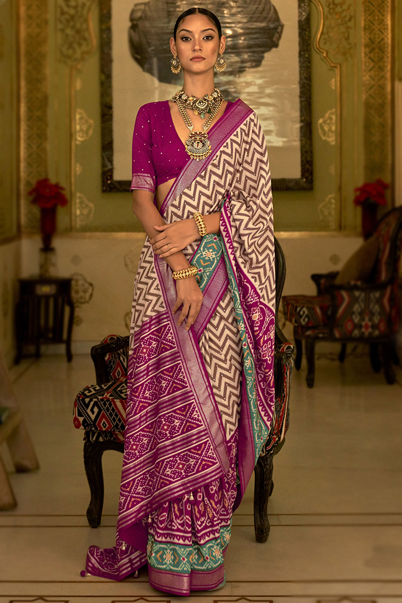 Patola Saree Sabyasachi Printed Saree Saree In Off White Silk For