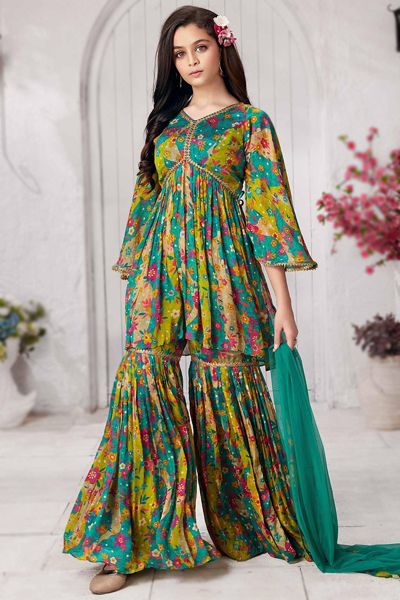 Printed Persian Green Silk Frock Style Sharara Suit LSTV127624