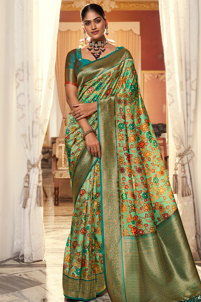 Beautiful kalamkari on sale Printed Silk Saree with Blouse