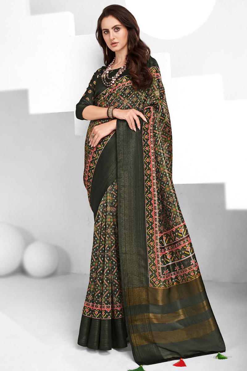 Bollywood Printed Silk Bottle Green Saree