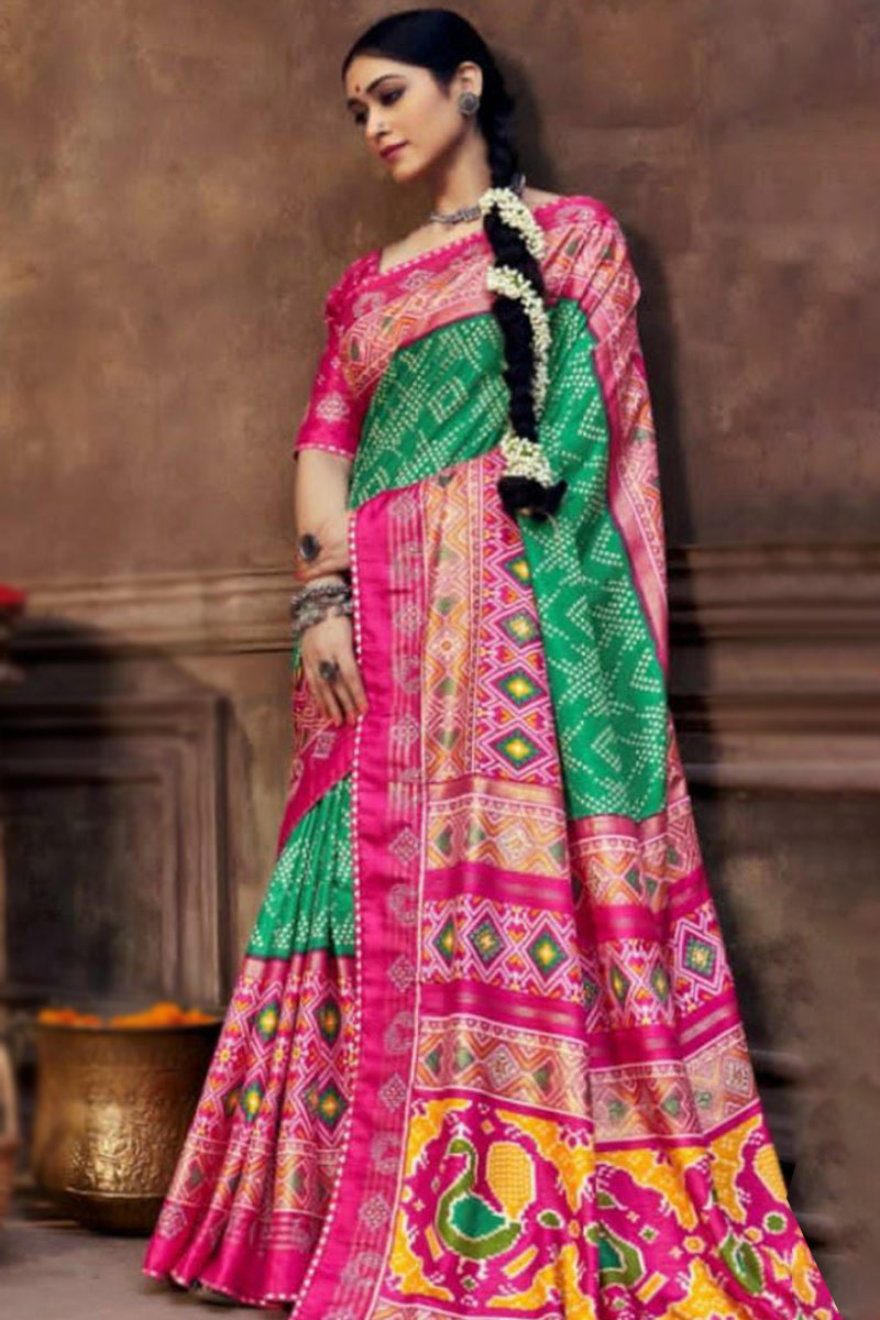 Buy Pink Green Dola Silk Saree online-Karagiri