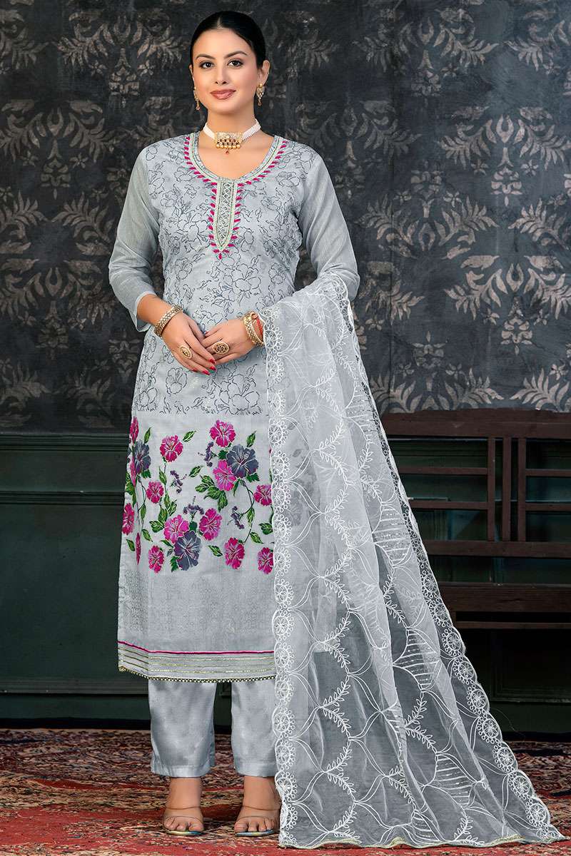 Printed Steel Grey Straight Cut Chanderi Silk Trouser Suit 