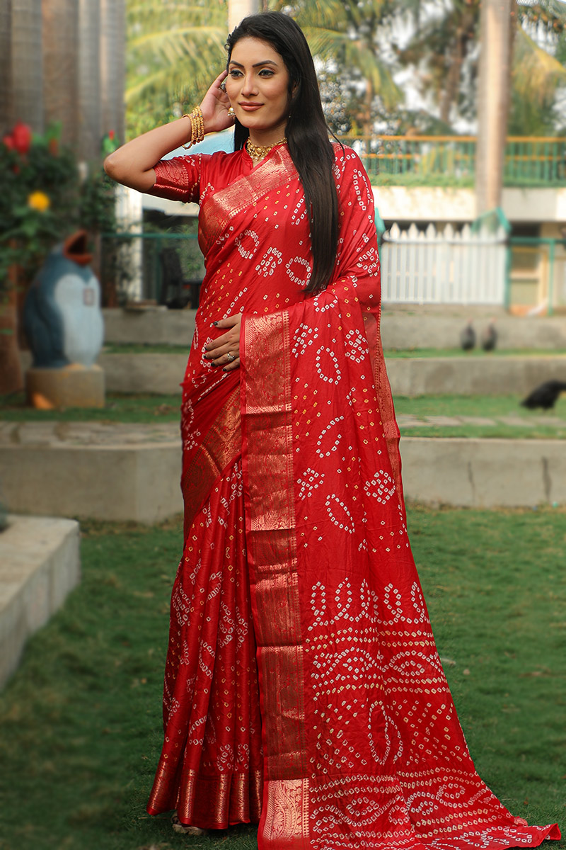 Printed Tomato Red Cotton Silk Bandhej Saree