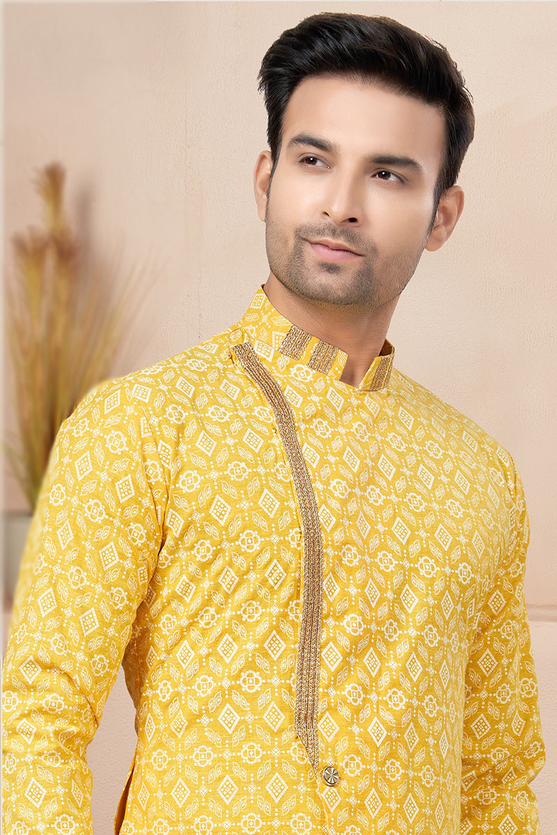 Printed Yellow Cotton Indo-Western Men's Sherwani for Haldi MSTV02980