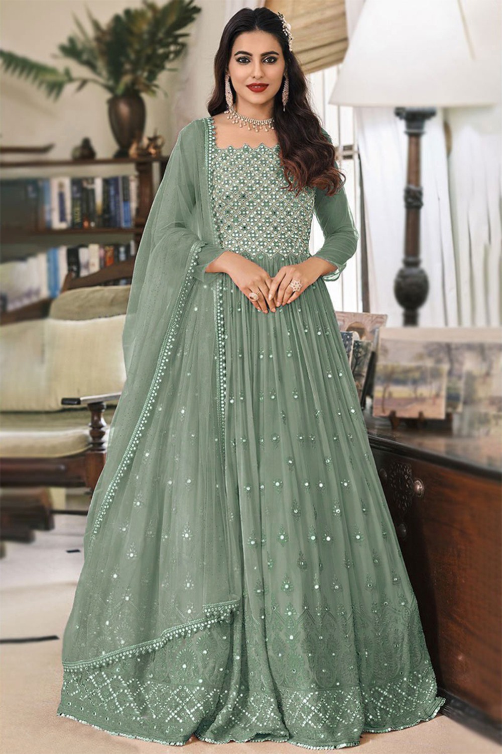 Andaaz Fashion Women's Dusty Green Georgette Embroidered Bridesmaid Anarkali Suit