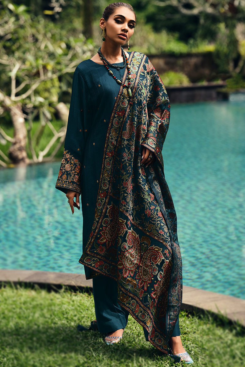 Prussian Blue Silk Embroidered Festival Wear Salwar Suit LSTV127257