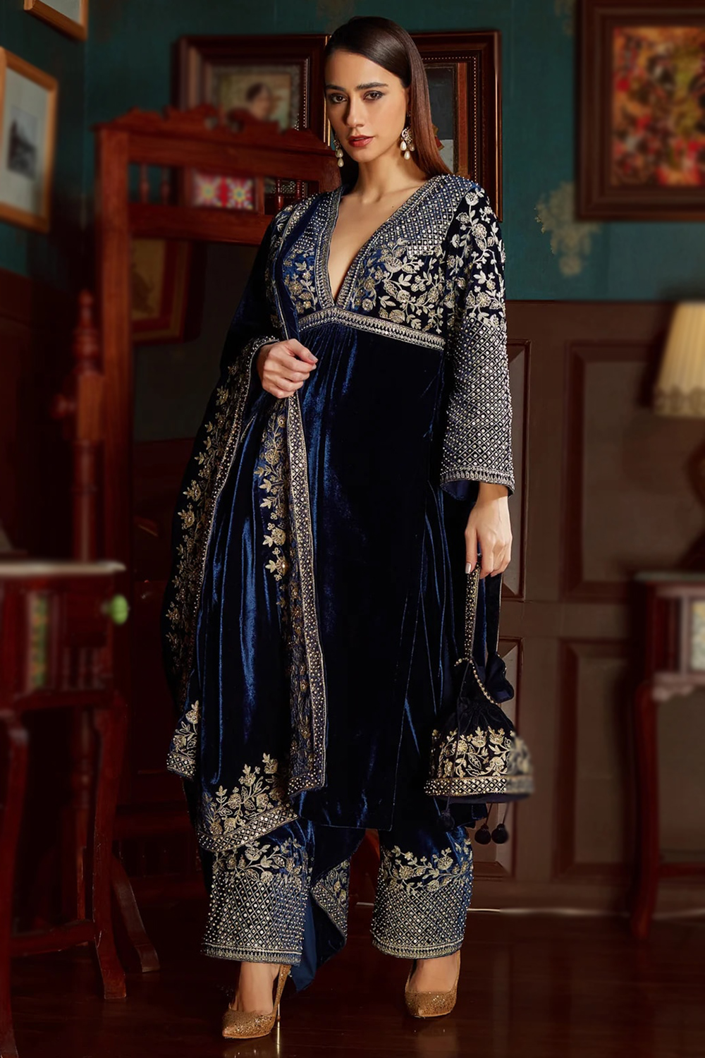 Prussian Blue Premium Silk Designer Palazzo Style Suit
