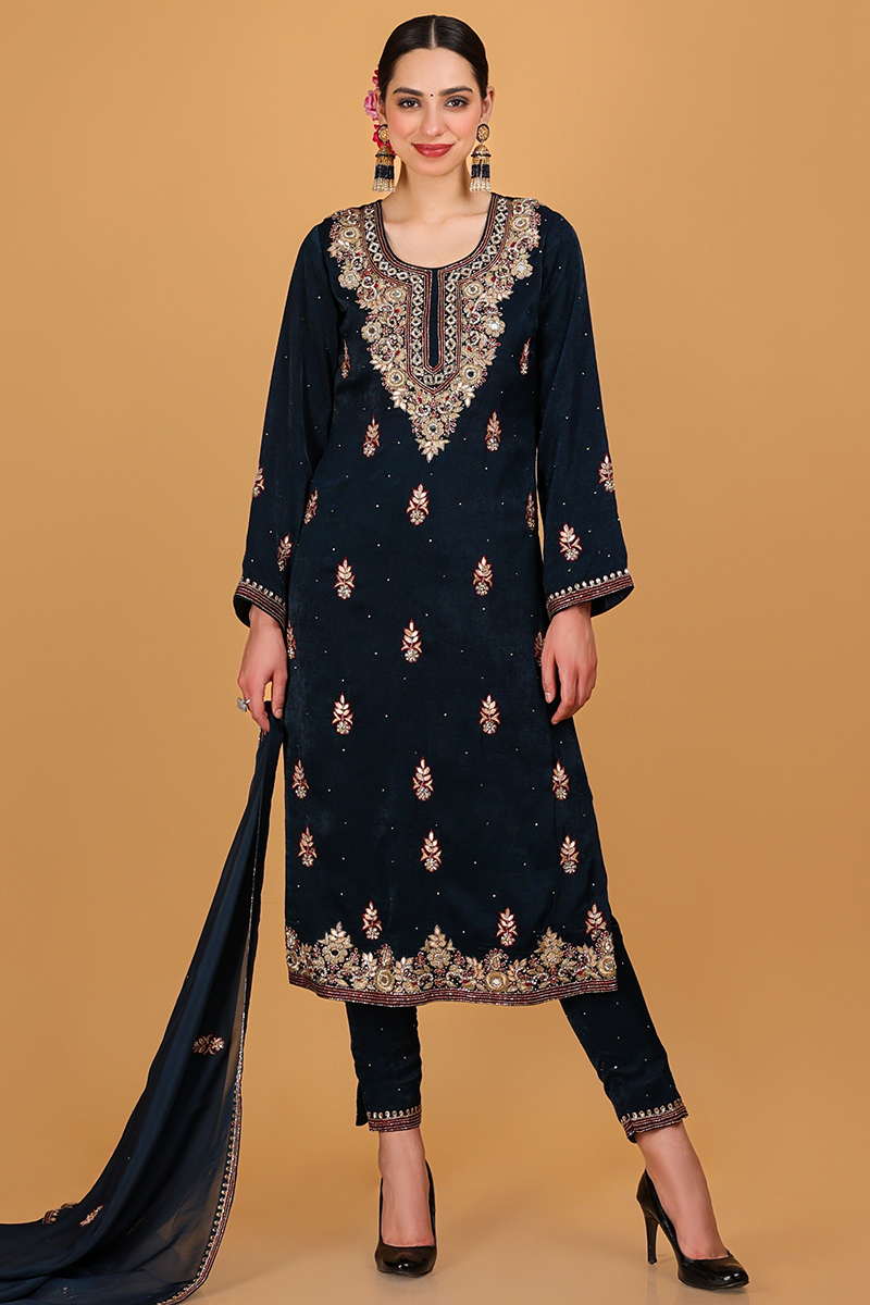 Prussian Blue Velvet Silk Embroidered Cigarette Pants Suit LSTV127819