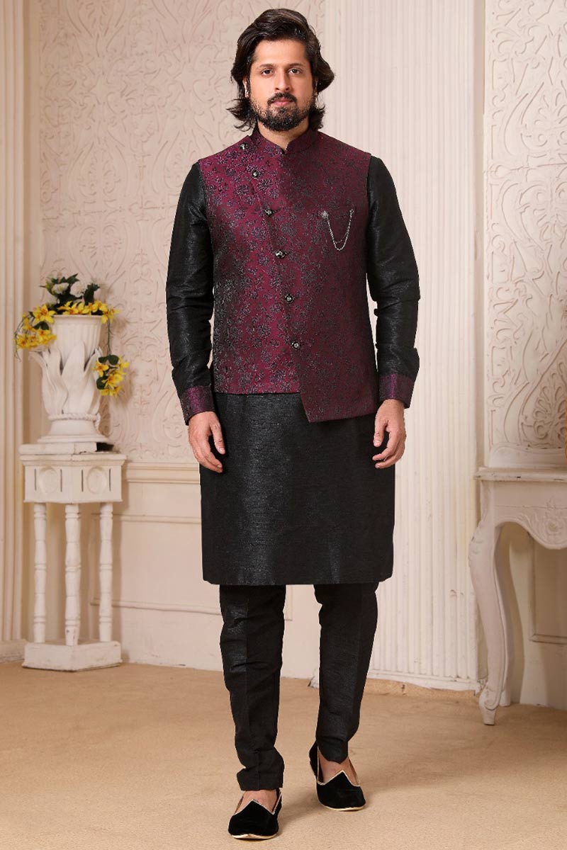 Pure Black Jacket Style Men s Kurta Pajama