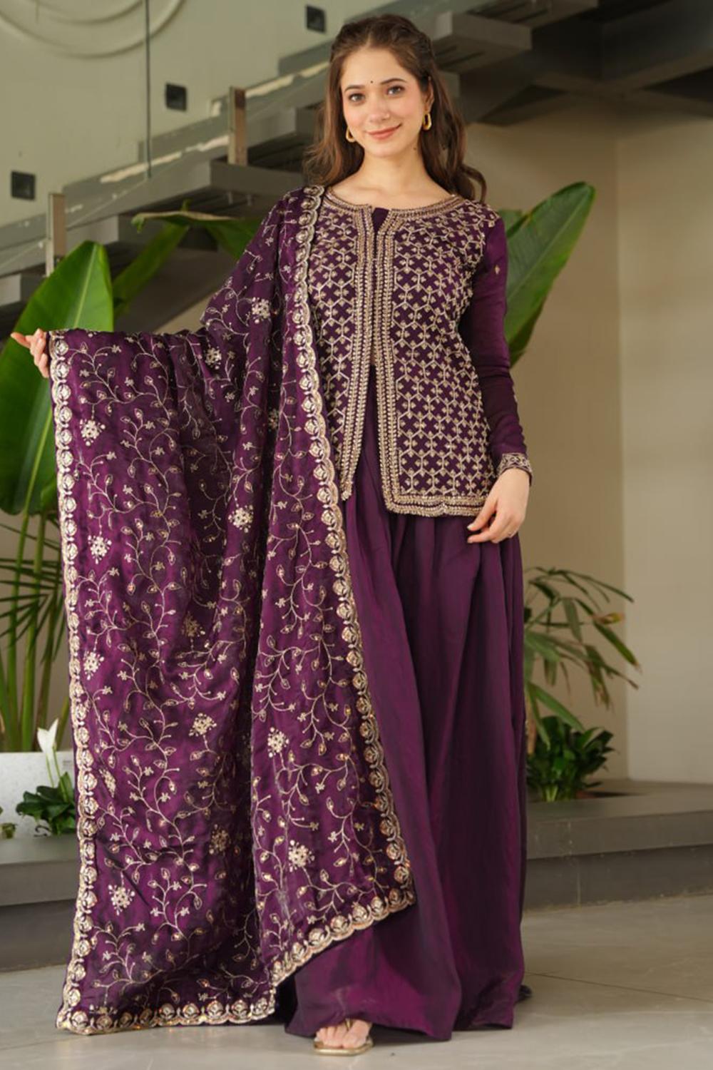 Purple Art Silk Short Sharara Suit With Zari Work - LSTV138674